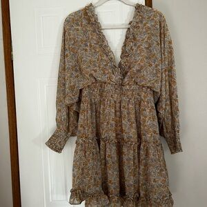 She + Sky Floral Long Sleeve Dress - Brown and Cream